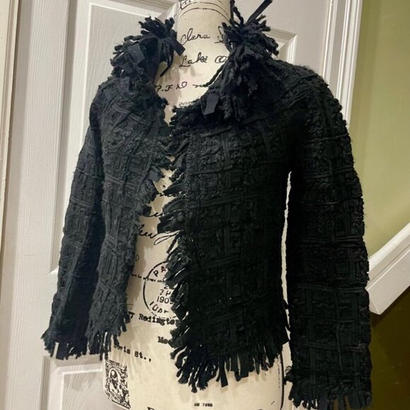 TWEED FRINGE MACROCANNAGE WOOL BLEND CROP JACKET PE DE CHUMBO SIZE SMALL - Picture 4 of 16